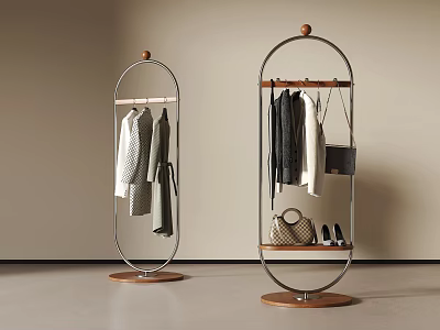 Modern Minimalist Clothes Racks With Metal Frame Wooden Base Hanging Clothes Bags And Shoes 3d model