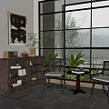 Natural Indoor Table with Rattan Chairs and Dark Wooden Cabinet Near Large Window
