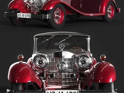 Red Vintage Convertible Car With Chrome Grille Classic Headlights And Retro Design 3d model