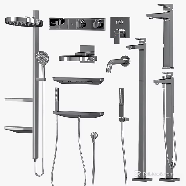 Modern Shower Head Design With Rainfall Top Sprayer Handheld Wand And Storage Shelves 3d model 