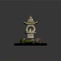 Traditional Stone Garden Lantern With Moss Covered Structure And Base Stones
