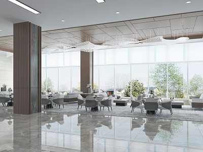 Modern Hotel Lobby Interior Design With Marble Floor Large Windows And Chandeliers 3d model