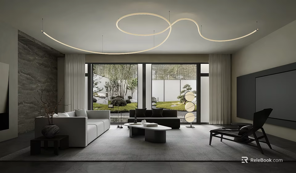 Modern Living Room With Large Windows Green Garden View White Sofa And Curved Chandelier 3d model 