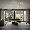 Modern Living Room With Large Windows Green Garden View White Sofa And Curved Chandelier