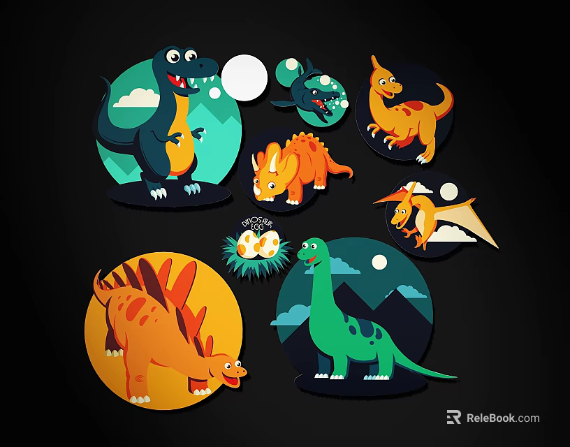 Cartoon Dinosaur Wall Decor with Various Colorful Designs and Cloud Moon Elements 3d model