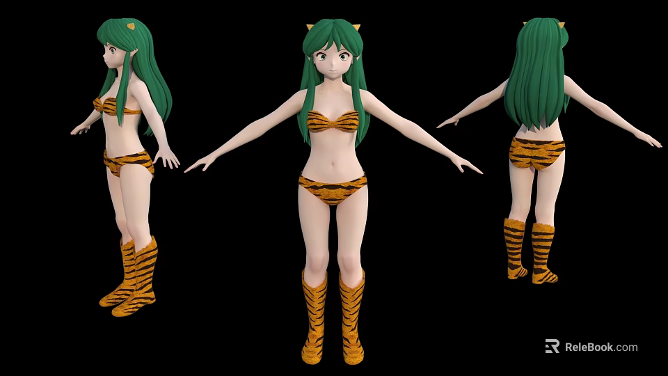 Anime Girl Character With Green Hair Cat Ears Tiger Pattern Bikini Boots Three Angle Views 3d model 