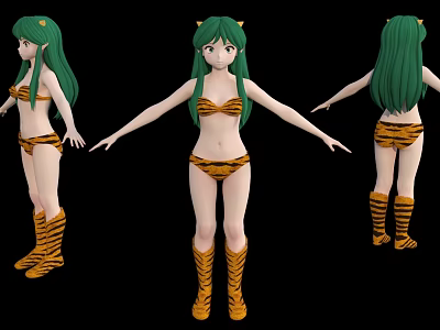 Anime Girl Character With Green Hair Cat Ears Tiger Pattern Bikini Boots Three Angle Views 3d model