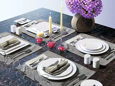 Dining Tableware Set with Plates Napkins Candles and Purple Flowers Vase Glassware 3d model