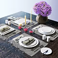 Dining Tableware Set with Plates Napkins Candles and Purple Flowers Vase Glassware