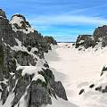Snow Covered Mountain Landscape With Rocky Cliffs Green Vegetation And Blue Sky