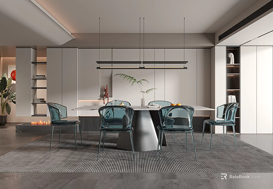 Elegant Modern Restaurant Interior With Round Dining Table Blue Chairs And Pendant Lights 3d model 