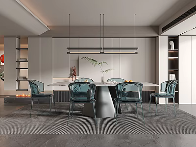 Elegant Modern Restaurant Interior With Round Dining Table Blue Chairs And Pendant Lights 3d model