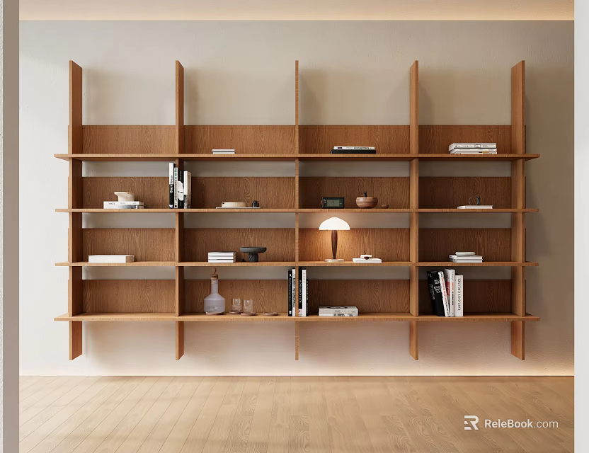 Modern Wooden Bookcase With Multiple Shelves Holding Books Decorative Items And Table Lamp 3d model 