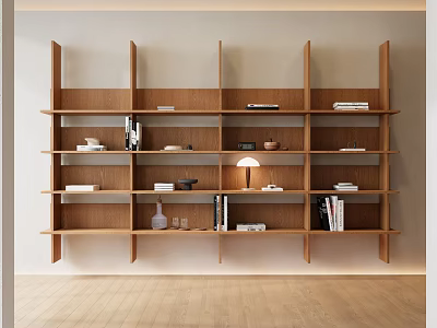 Modern Wooden Bookcase With Multiple Shelves Holding Books Decorative Items And Table Lamp 3d model