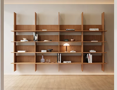 Modern Wooden Bookcase With Multiple Shelves Holding Books Decorative Items And Table Lamp 3d model