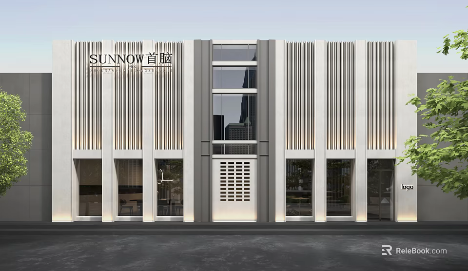 Modern Storefront Facade Design With Vertical Striped Walls Glass Windows And Brand Signage 3d model 