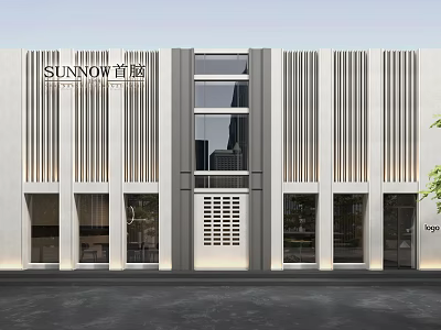 Modern Storefront Facade Design With Vertical Striped Walls Glass Windows And Brand Signage 3d model