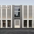 Modern Storefront Facade Design With Vertical Striped Walls Glass Windows And Brand Signage
