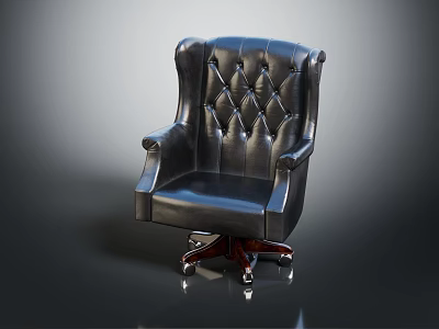 Classic Black Leather Office Chair With Tufted Diamond High Back Armrests Wheels And Wooden Base 3d model