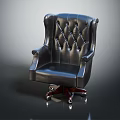 Classic Black Leather Office Chair With Tufted Diamond High Back Armrests Wheels And Wooden Base