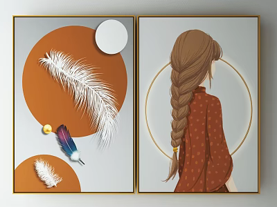 Decorative Wall Art With Feather Elements And Braided Girl Portrait In Circular Design 3d model