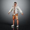Man In Light Fur Collar Jacket Bright Inner Printed Shorts White Sneakers Sunglasses Dark Background 3d model