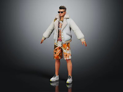 Man In Light Fur Collar Jacket Bright Inner Printed Shorts White Sneakers Sunglasses Dark Background 3d model