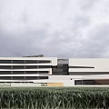 Modern School Building With Geometric Staircases White Brown Facade And Outdoor Lawn Area