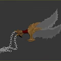 Fantasy Twin Blades Weapon With Golden Claw Handle Red Grip Serrated Blades And Silver Chain