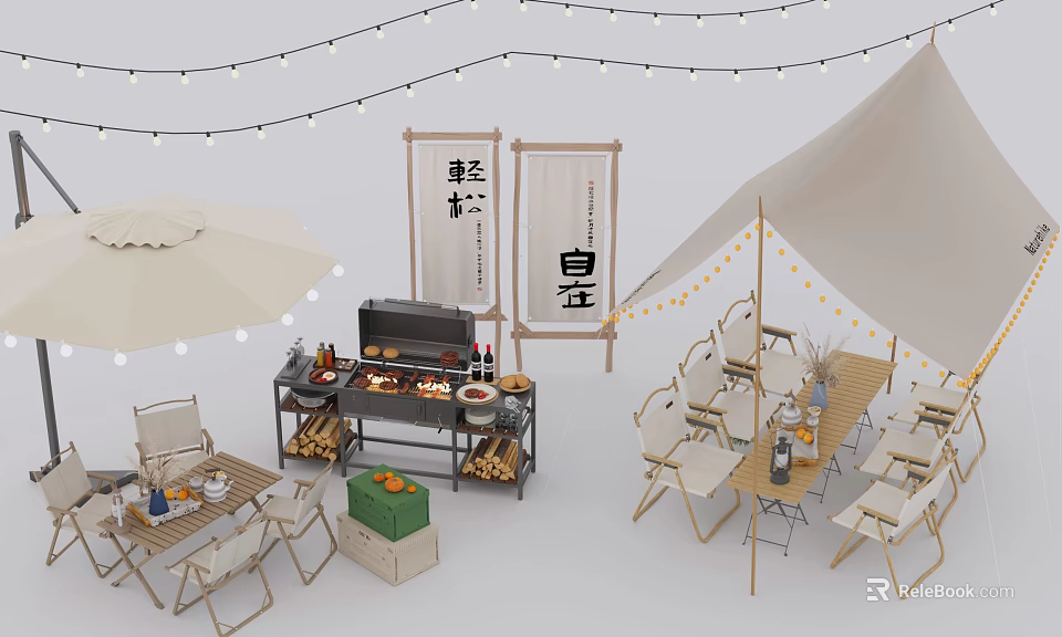 Garden Outdoor Decor Setup Featuring Tent Foldable Tables Chairs Grill String Lights And Japanese Scrolls 3d model 