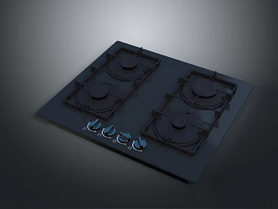Black Glass Gas Cooktop With Four Burners And Control Knobs 3d model