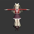Anime Game Character with White Ears Tail Red Top Purple Skirt Red Stockings Arms Outstretched