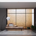 Modern Chaise Lounge Interior Featuring Large Windows Textured Wall Floor Lamp Green Plants and Rug