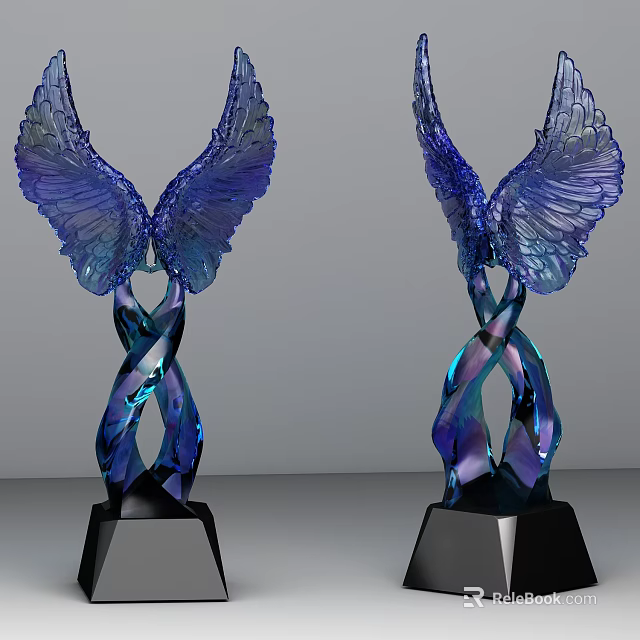 Wing Shaped Decorative Ornament Set With Blue Purple Gradient And Black Base 3d model 