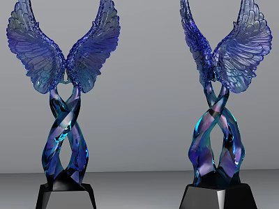 Wing Shaped Decorative Ornament Set With Blue Purple Gradient And Black Base 3d model