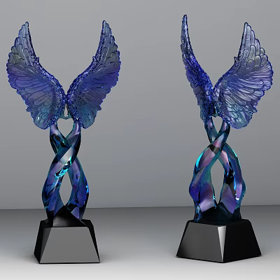 Wing Shaped Decorative Ornament Set With Blue Purple Gradient And Black Base 3d model