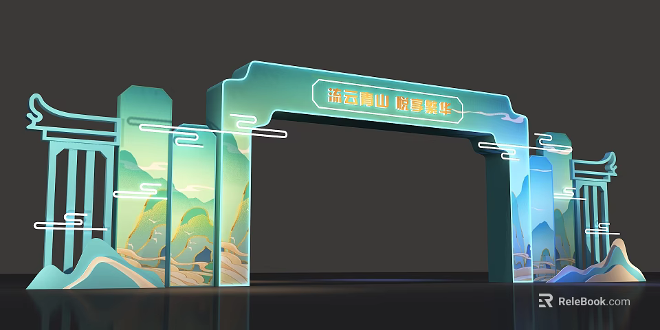 Traditional Chinese Archway with Green and Blue Hues Decorated with Landscape Paintings and Inscriptions 3d model 