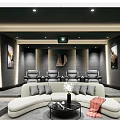 Modern Luxurious Home Theater Interior With Curved Sofa Recliner Seats And Projector