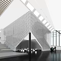 Modern Front Desk Reception in Elegant Lobby with Geometric Wall Glass Windows and Staircase