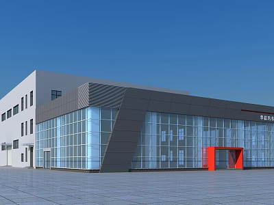 Modern Commercial Building With Glass Facade Gray White Exterior And Red Entrance 3d model