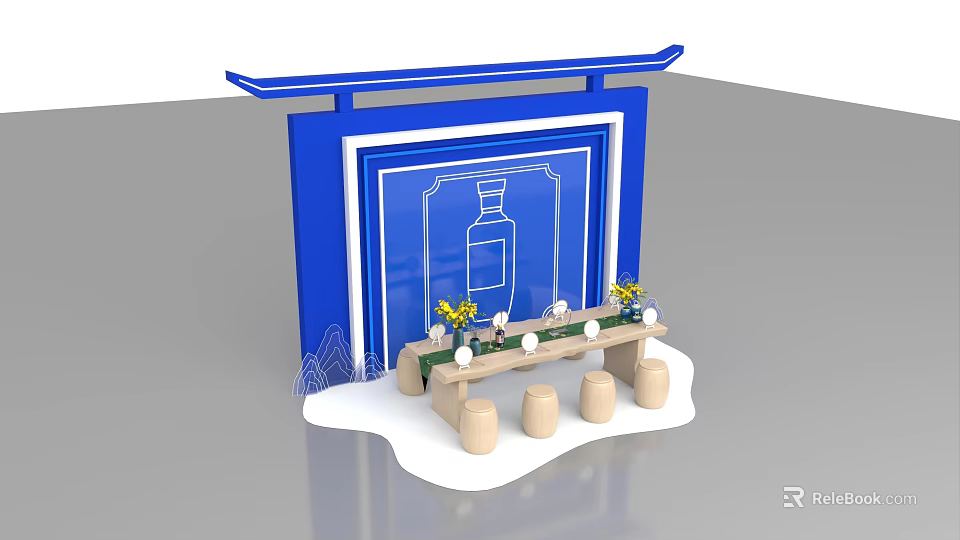 Interactive Area Featuring Long Table Stools Blue Frame Wine Bottle Design And Yellow Flowers 3d model