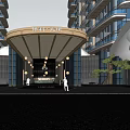 Modern Sales Office Building With Glass Canopy And Surrounding Tall Buildings