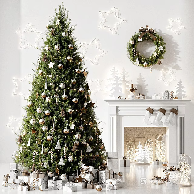 Festively Decorated Christmas Tree With Ornaments Stars Wreath And Fireplace Stockings 3d model 