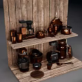 Vintage Style Kitchen Appliances On Wooden Shelves With Coffee Maker Blender And Copper Cookware