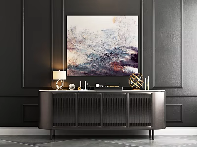 Stylish Entryway Side Cabinet With Dark Wall Abstract Painting Table Lamp And Decorative Items 3d model