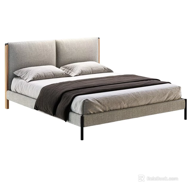 Modern Double Bed With Gray Fabric Headboard Two Pillows And Dark Blanket 3d model