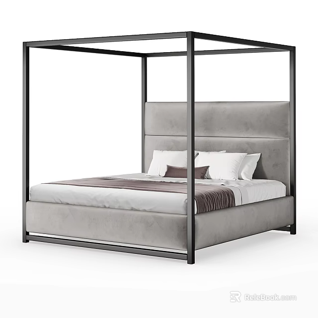 Modern Double Bed With Black Metal Frame Gray Upholstered Headboard And White Brown Pillows 3d model 