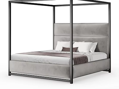Modern Double Bed With Black Metal Frame Gray Upholstered Headboard And White Brown Pillows 3d model