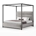 Modern Double Bed With Black Metal Frame Gray Upholstered Headboard And White Brown Pillows