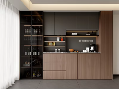 Modern Kitchen Sideboard With Dark Wood Glass Door Storage And Coffee Machine 3d model